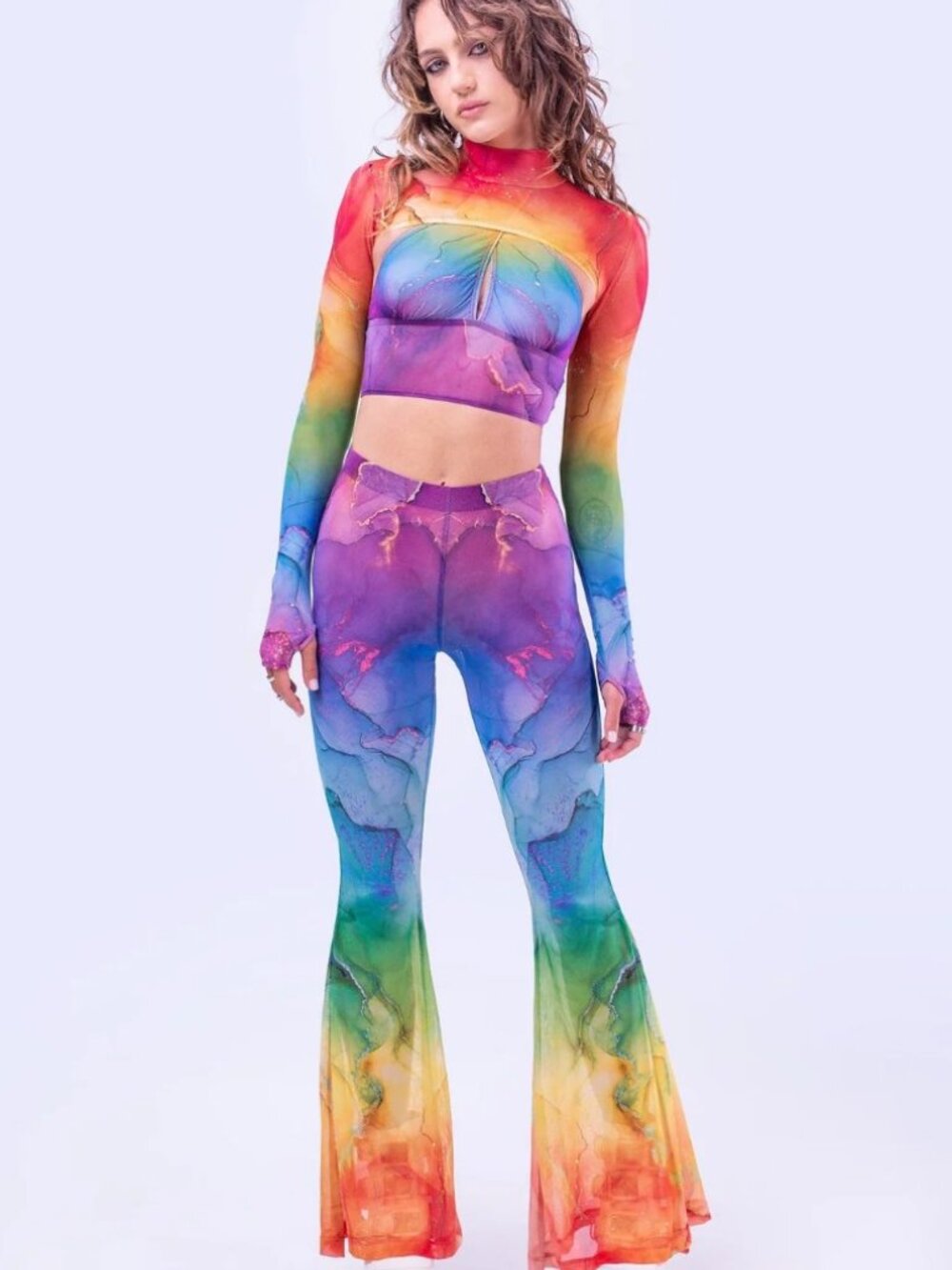 Badinka Women’s Rainbow Marble Bell Bottom Mesh Pants  Size M (Used)